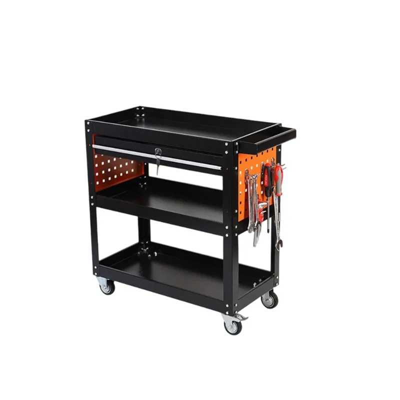 

Automotive 3-Tier Tool Cart with Drawer Pegboard Black-Orange Two-Tone for Repair Parts Storage