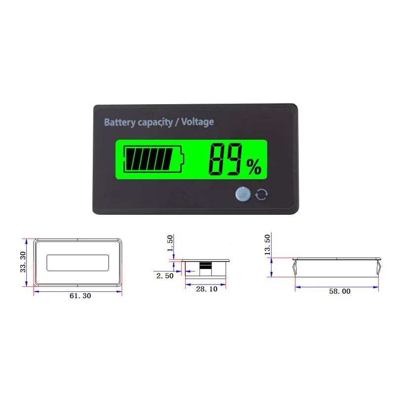 Percentage + Voltage Dual Display Lithium Battery Level Display Fuel Gauge 6-63V Green/Blue/White LCD