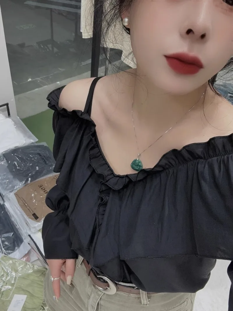 Blouses Women Off-shoulder Chic Ruffles Design Casual Ins All-match Sweet Spicy Girls Streetwear Fairycore Korean Fashion Y2k