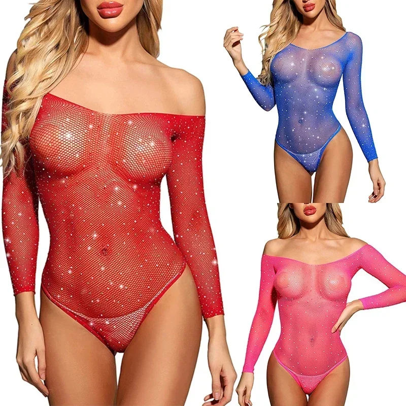 

Женское сексуальное боди в сеточку со стразами, чулки, боди с бриллиантами, прозрачное боди, прозрачное эротическое белье с плюшевым мишкой