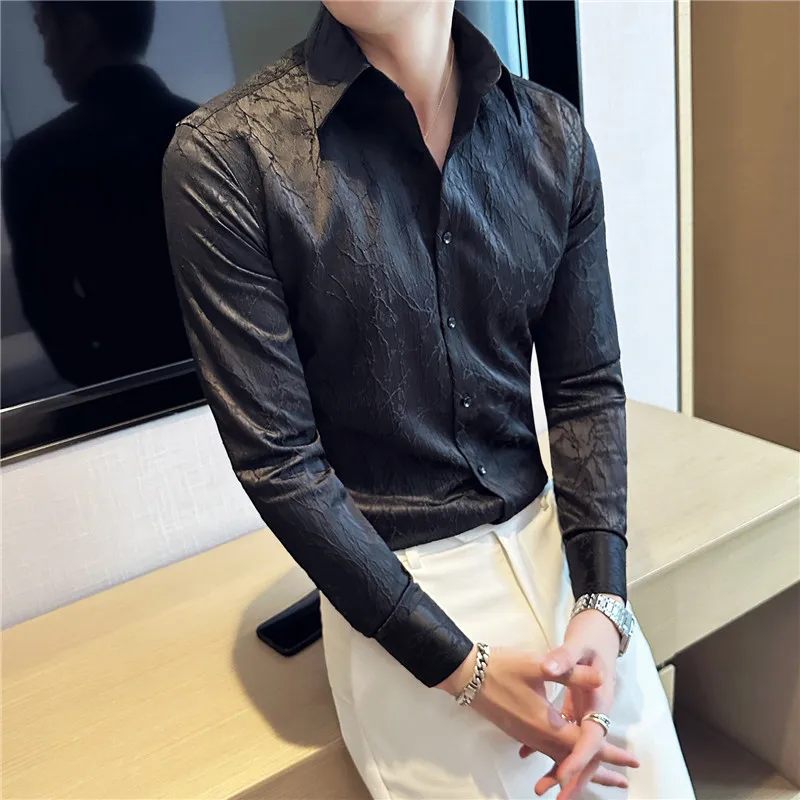 New Concave Convex Design Flower Shirt Luxury Men's Dark Pattern Jacquard Casual Slim Fit Long Sleeved Business Social Shirts