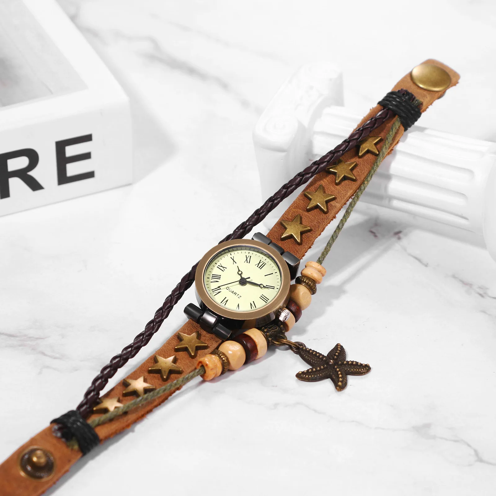 LANCARDO Vintage Leather Multi-layer Watch Beaded Strap Men's and Women's Watch Pentagonal Starfish Casual Ethnic Style Watch