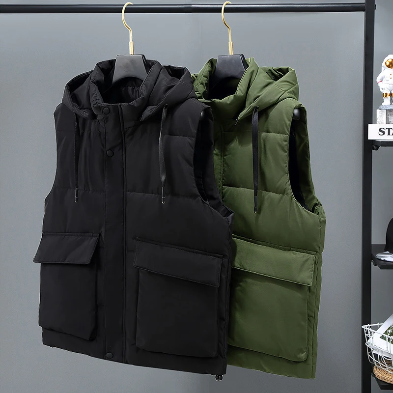 

Brand Men's Vest Winter Sleeveless Jackets Down Vest Men Hooded Warm New 2023 Casual Outwear Hat Detachable Outer Vest Chalecos