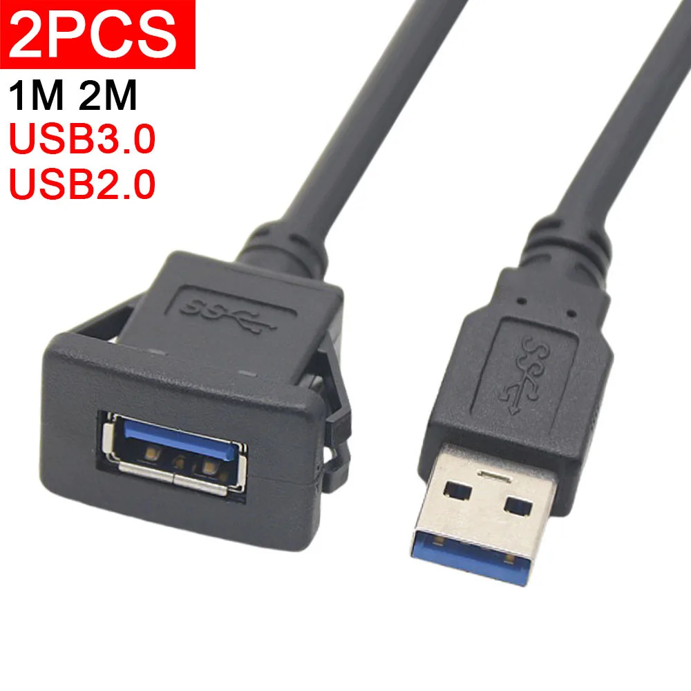 

2pcs Dual Port USB Socket Extend Cabe USB3.0 Auto Car Flush Mount Extension Cord Dashboard Panel Square USB Cable For Car