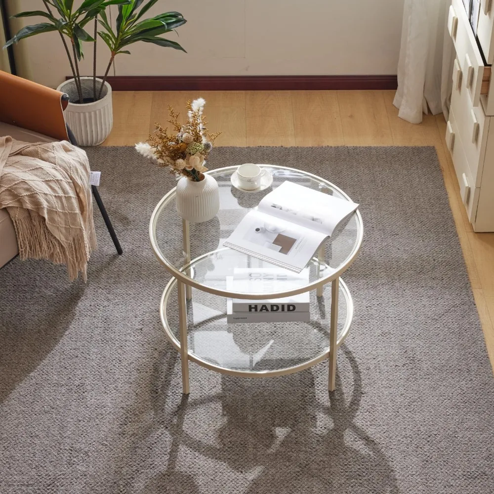 25.6인치 원형 커피 테이블, 거실용 투명 유리 커피 테이블, 수납 공간이 있는 2단 커피 테이블, 모던한 센터 테이블