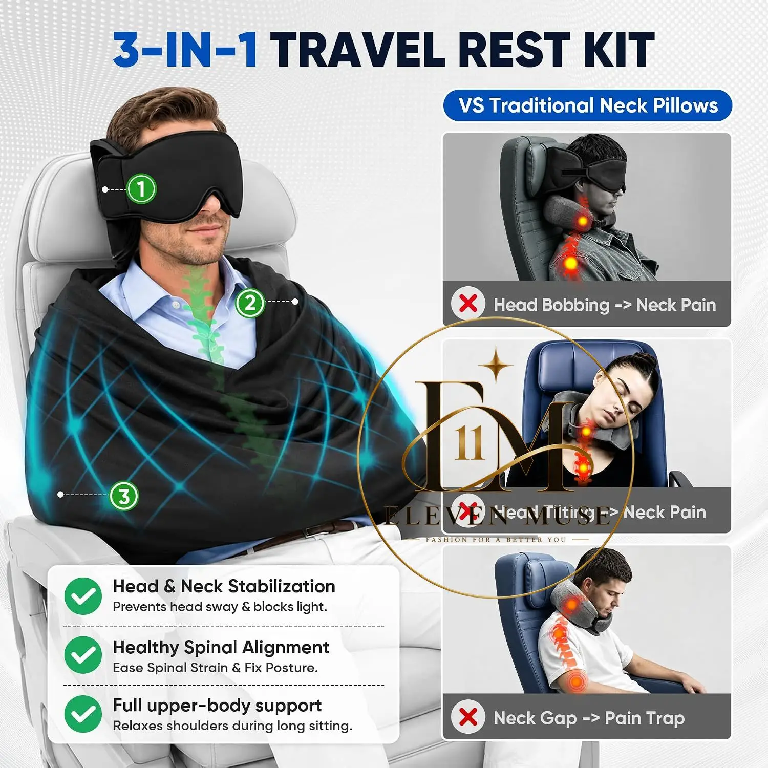 Travel Pillow, 3-in-1 Travel Sleep System, Airplane Essentials