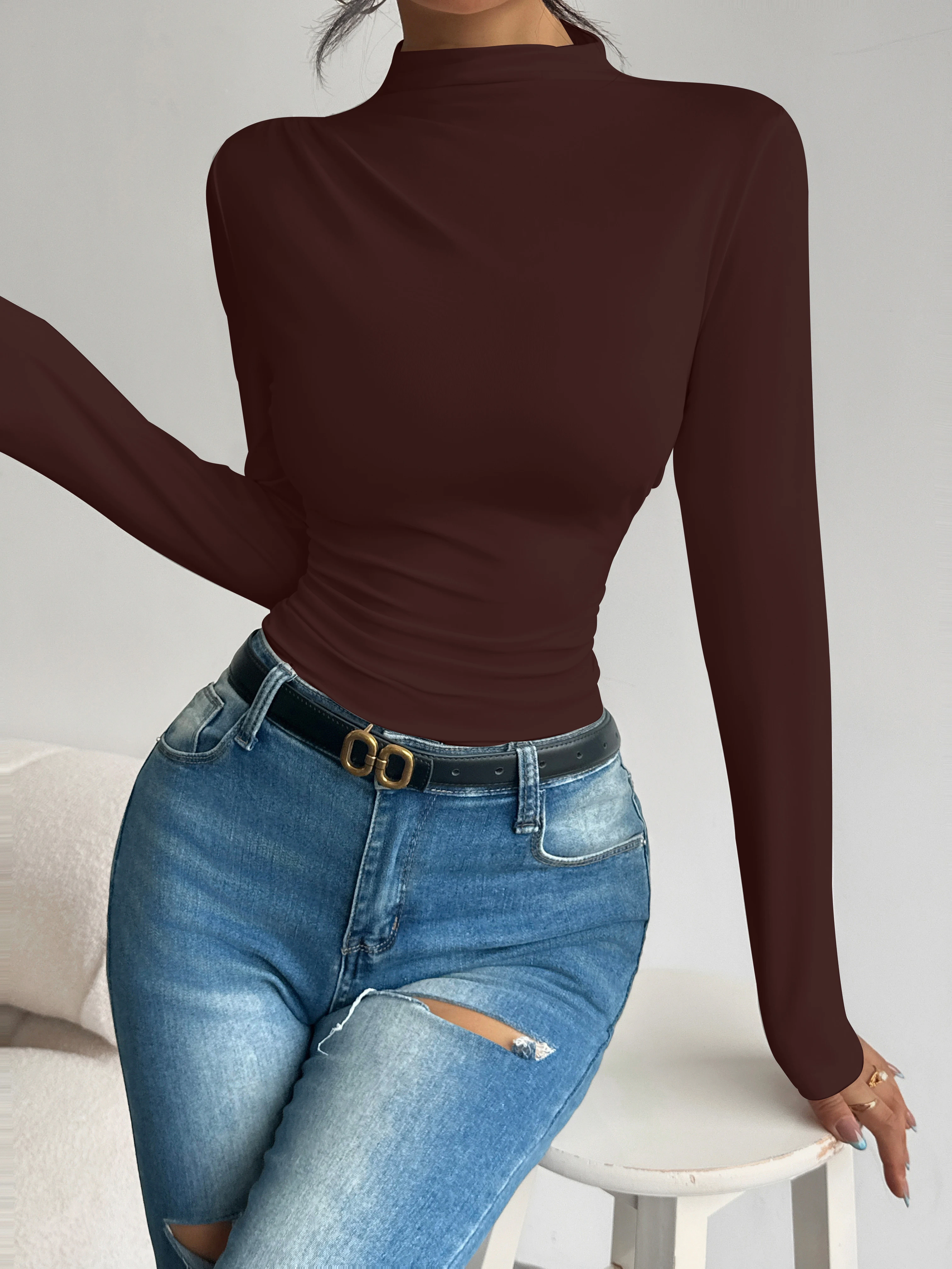 Halbhoher Kragen, plissierte Taille, schlank machendes, langärmliges Basic-Shirt für Damen, vielseitiges Oberteil für Frühling und Herbst. – Detail 2
