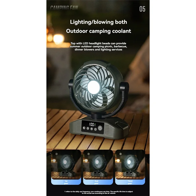 BABZ-데스크탑 팬 20000Mah 충전식 팬(라이트 포함) 5단계 속도 조절 가능 캠핑 여행용 밝기 레벨 3개