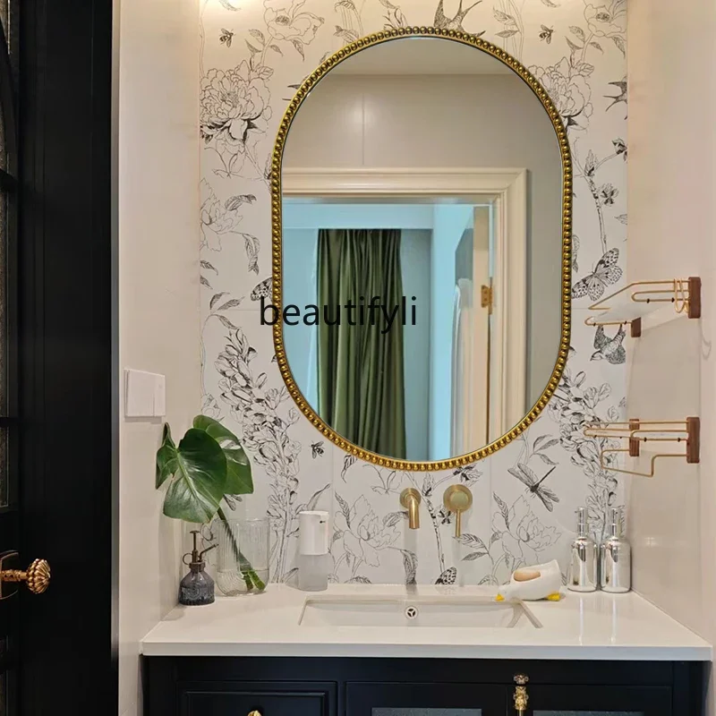 

French Retro Bathroom Mirror Arched Wall-Mounted Entryway Mirror Washstand Vanity Mirror