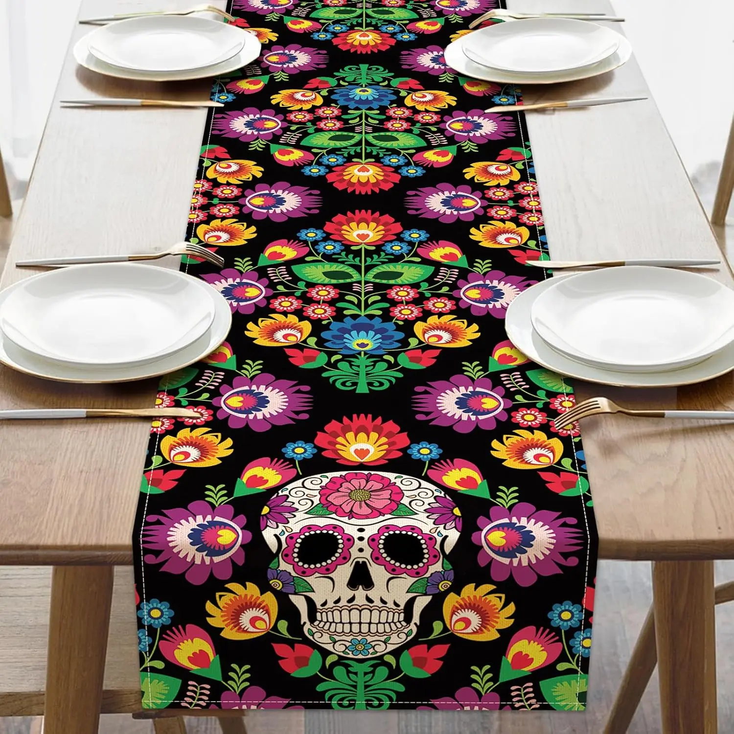 

Mexican Day of The Dead Sugar Skull Floral Linen Table Runner Tabletop Decor Farmhouse Kitchen Dining Table Runner Party Decor