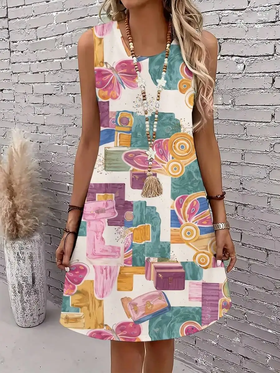 

Colorful Abstract Butterfly Geometric Print Women Sleeveless Round Neck Dress Casual Summer Beach