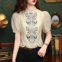 2024 Summer Blouse New Chinese Style Stand Collar Bubble Sleeve Embroidered Shirt Retro Women Tops