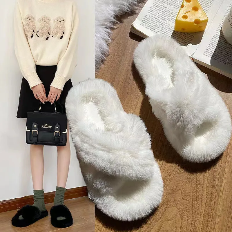 2024 Winter Women Home Indoor Casual Slippers Female Flip Flops Fluffy Shoes Cross Design Slides Ladies Soft Warm Plush Slipper