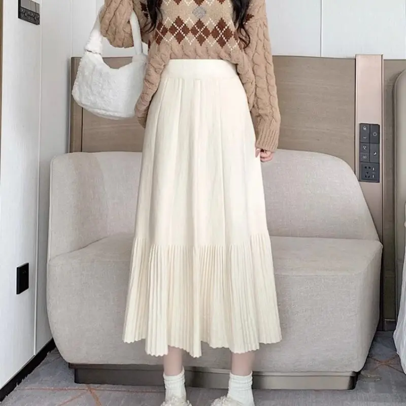 Autumn Winter Women's 2024 New Splicing Elasticized High-waisted Pleated Fashion Solid Color Loose Versatile Casual Skirts