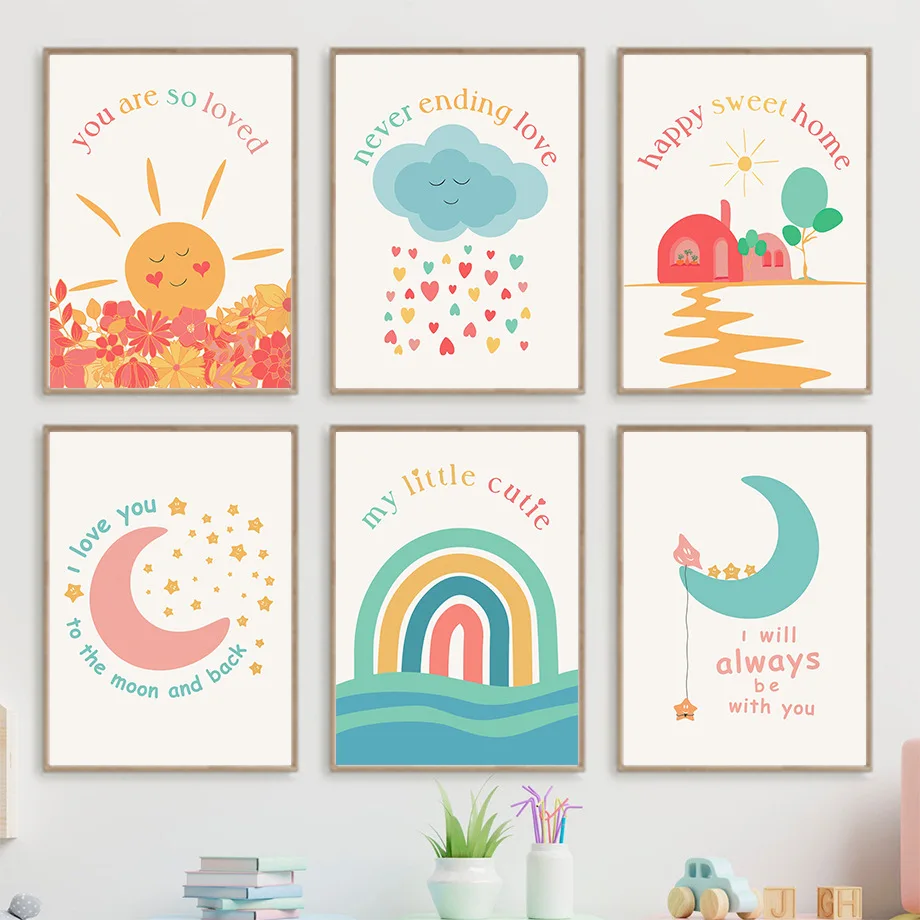 

Modern simple children's cartoon inspirational quotes sun moon rainbow decoration baby bedroom canvas painting