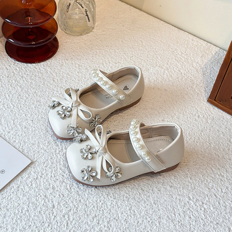 

Girls Princess Shoes Crystal Floral Square Toe Kids Flats PU Leather Shoes with Bow-knot Fashion Children Mary Janes Shoes