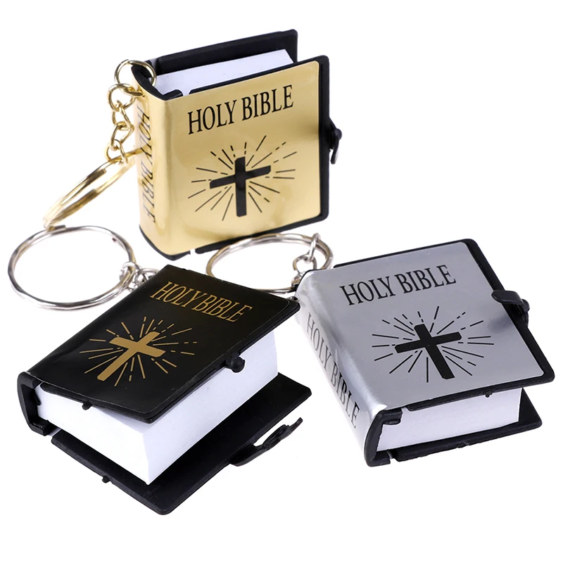 Mini English Holy Bible Keychain Religious Christian Jesus Cross Key Ring 4*3.4*1.1cm 1Pc