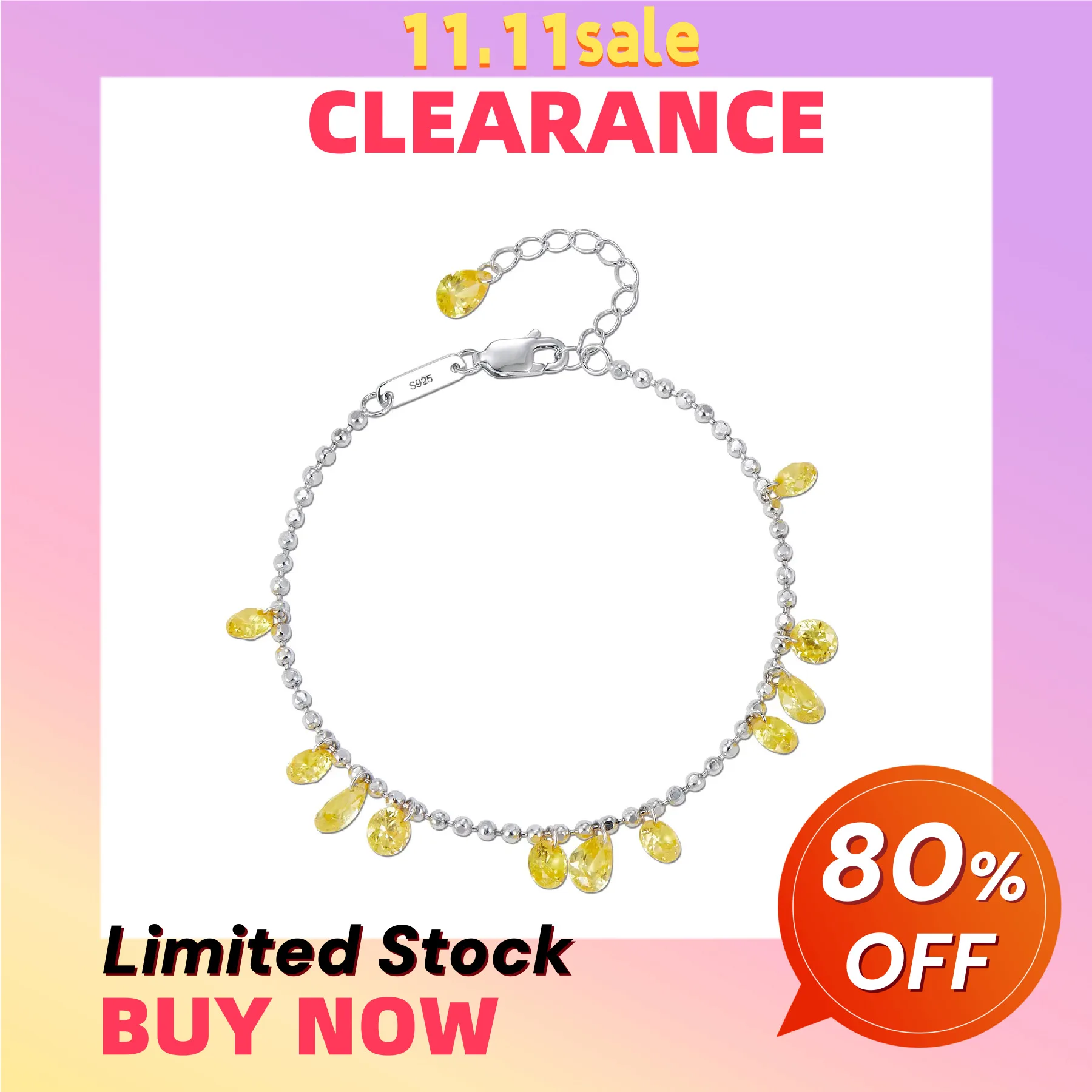 

925 Sterling Silver Beaded Chain Cubic Zirconia Charm Bracelets For Women Clearance Limited Stock First Come First Get