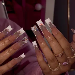 24Pcs White French False Nails with Rhinestone Extra Long Ballet Press on Nails Flower Design Square Head Wearable Fake Nail Tip