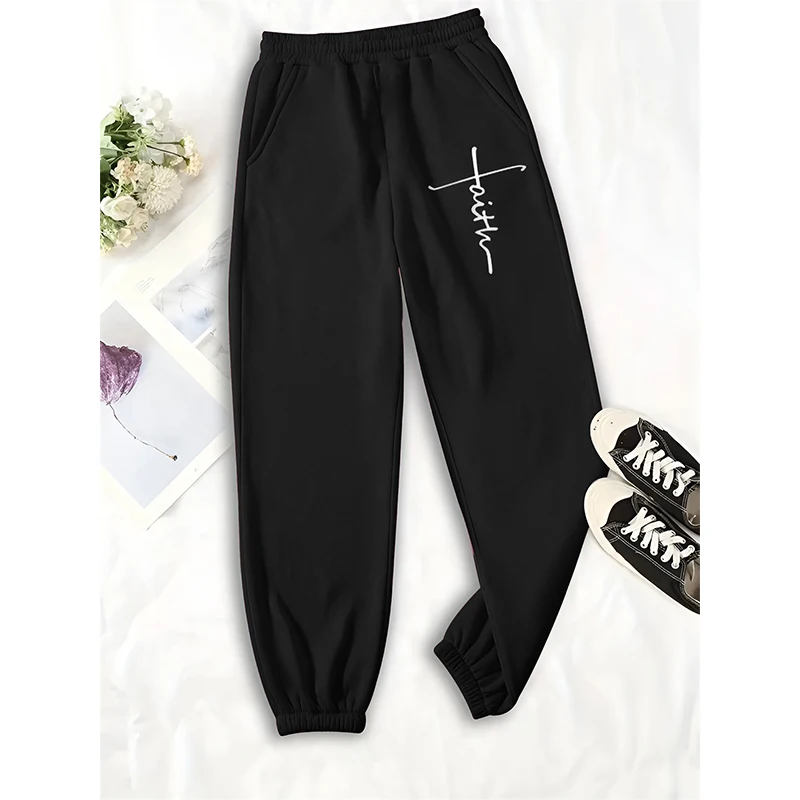 Autumn and Winter Women\'s Trousers Letter Print Elasticated Waist Pockets Footed Trousers Fashion New Female Pants