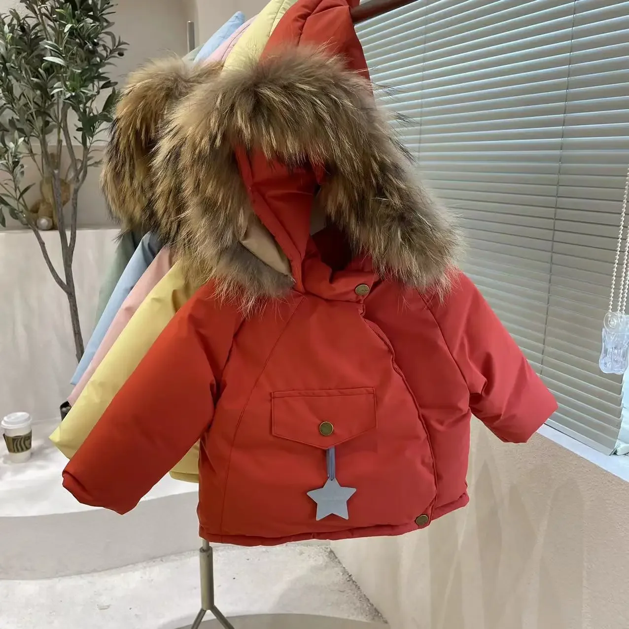 

Winter New Korean Children's Clothing Korean Edition Big Hairy Collar Cute Magic Pointed Hat Down Jacket Baby Coat Trendy Warmth