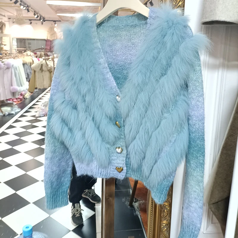 2025 Women Autumn Short Fur Trim Knitted Cardigans With Button Real Fox Fur Fur Striped Coat Outwear Female Sweater With Fur