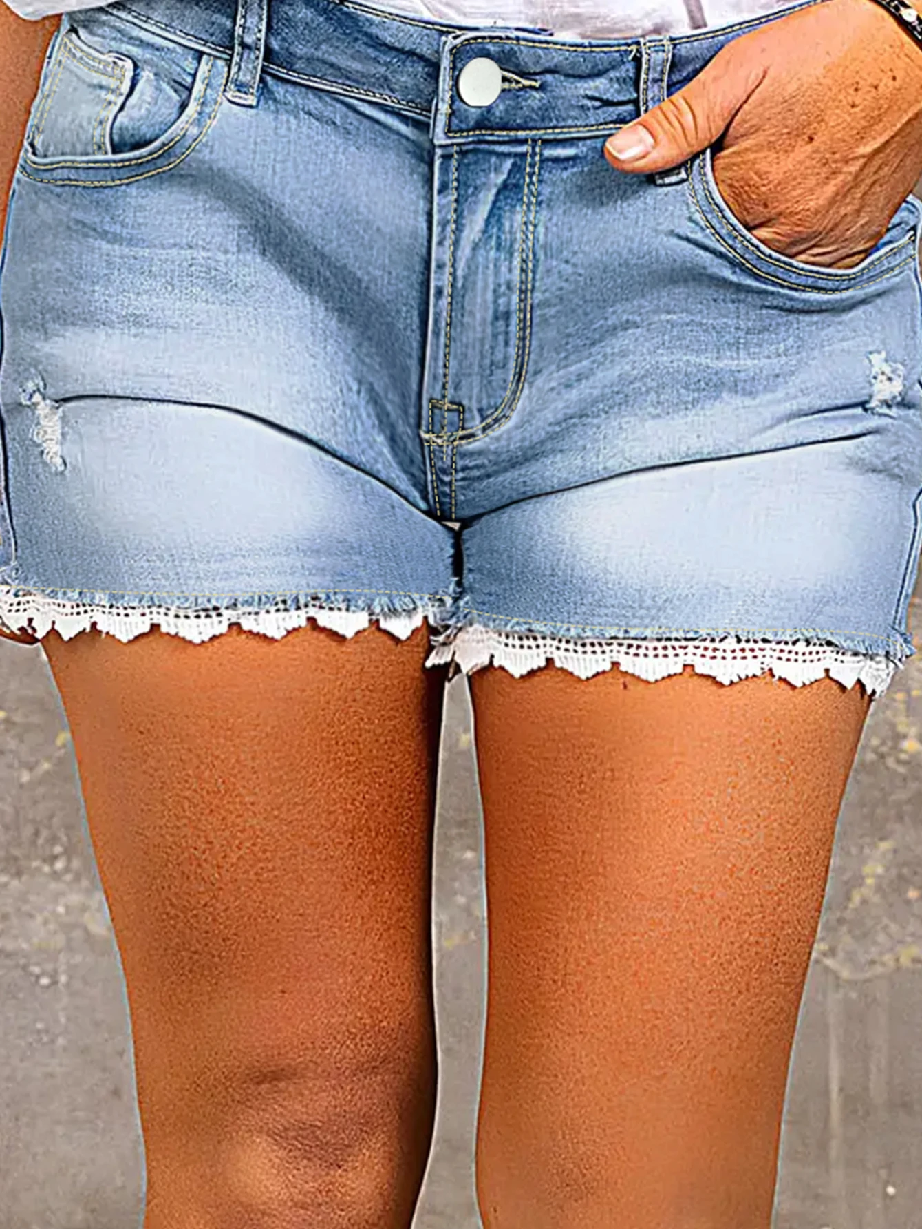 

Summer Casual Lace Hem Distressed Washed Denim Shorts