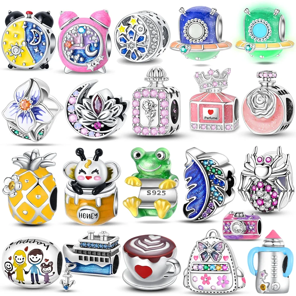 925 Silver Charms Beads Original Cute Pink Alarm Clock Owl Perfume Bottle Fit Bracelet Jewelry Women Making Diy Gift Accessory