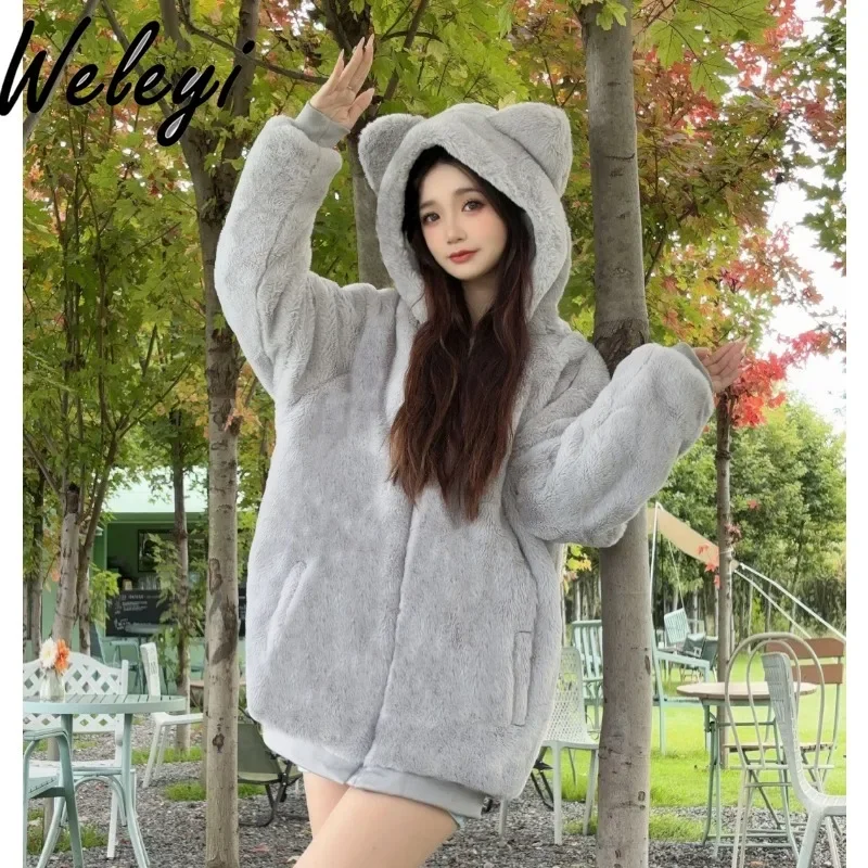 

Ropa Mujer Sweet Zipper Cotton Coat Japanese Style 2024 Autumn and Winter Cute Plush Warm Hooded Cat Ears Long Sleeve Loose Tops