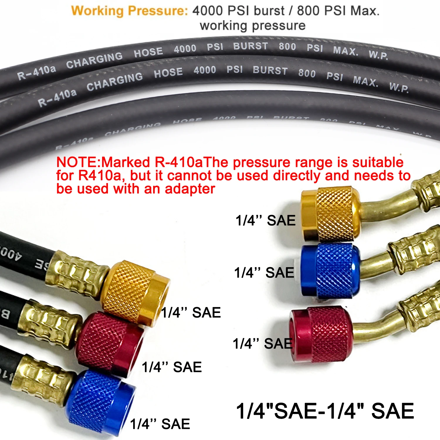 Refrigerante Manifold Gauge, AC Mangueira de carregamento, Pressão de trabalho, HVAC Ar Condicionado, R410, 800-4000 PSI, R134a, R32, 3pcs