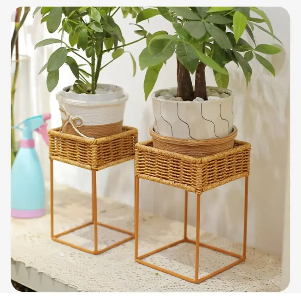 Mini Imitation Rattan Flower Pot Rack 3 Sizes with Flowerpot Indoor Decor Shelf Book Holders Rustic Wicker Plant Stand