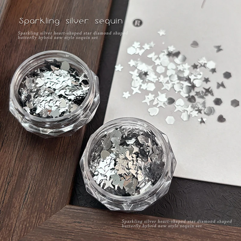 1-pot glanzende zilveren pailletten mix vormen sterrenlicht liefde vlinder ster slice nail art stickers stickers manicure paillette charmes