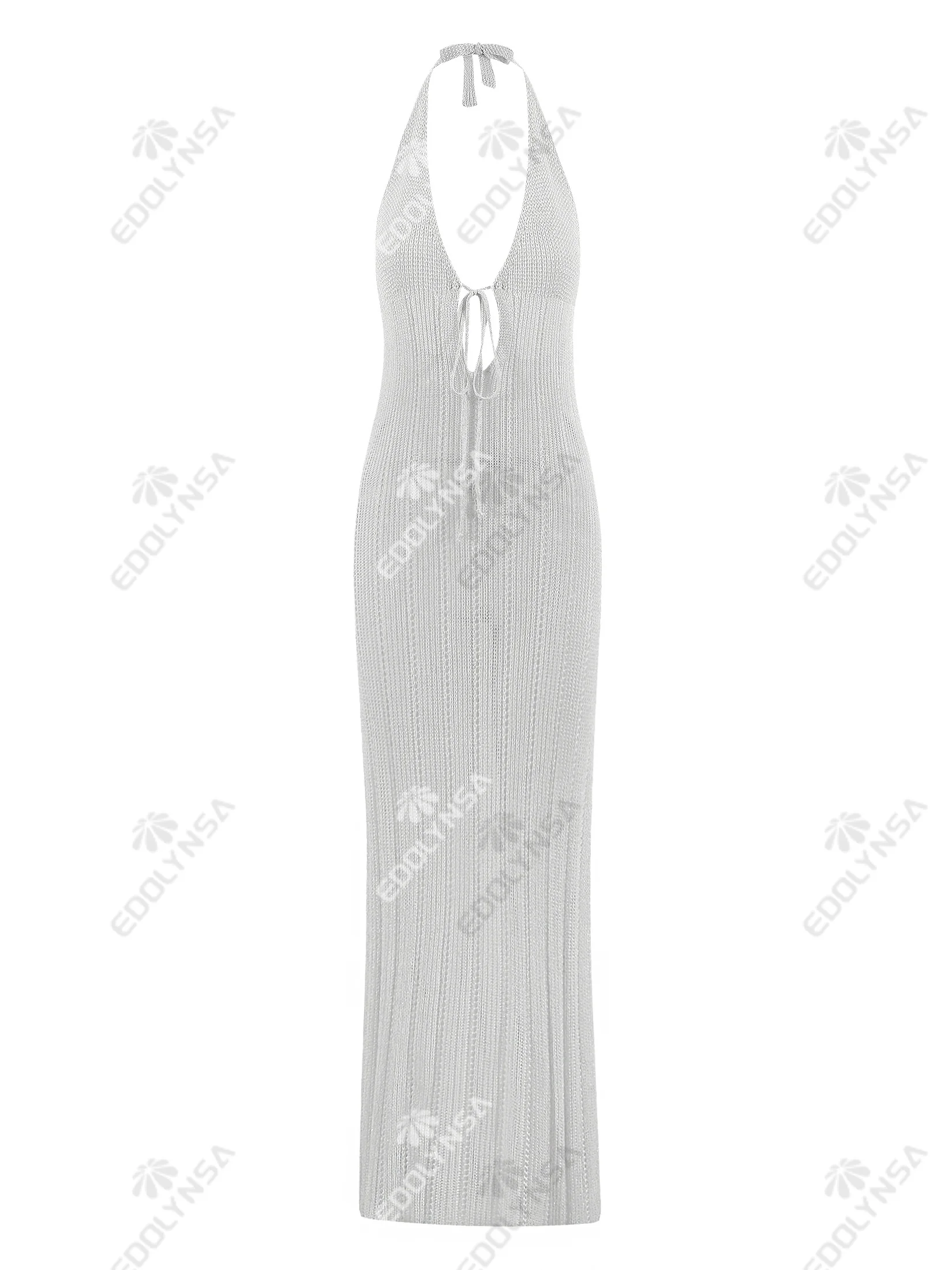 Sexy rückenfreies weißes Strick-Split-Cut-Out-Neckholder-Wickel-langes Kleid für Damen, elegantes Outfit, Sommer-Beachwear-Badeanzug, Strandkleid CQ1