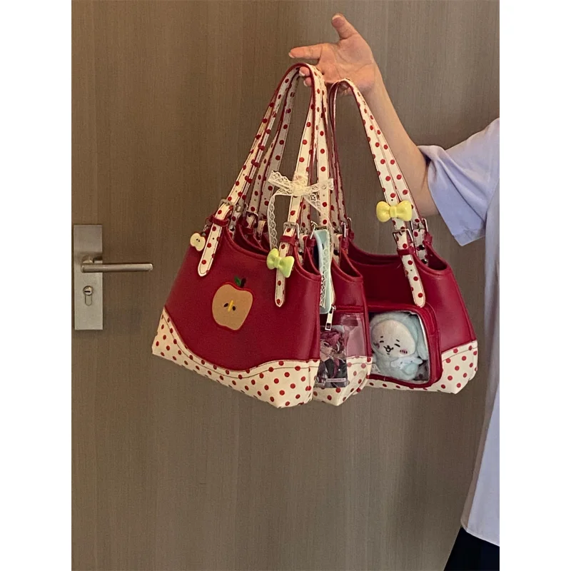 

Red Polka Dot Ita Bag, Clear Window & Apple Embroidery Shoulder Tote, Kawaii Bow Decor Bag for Doll Display