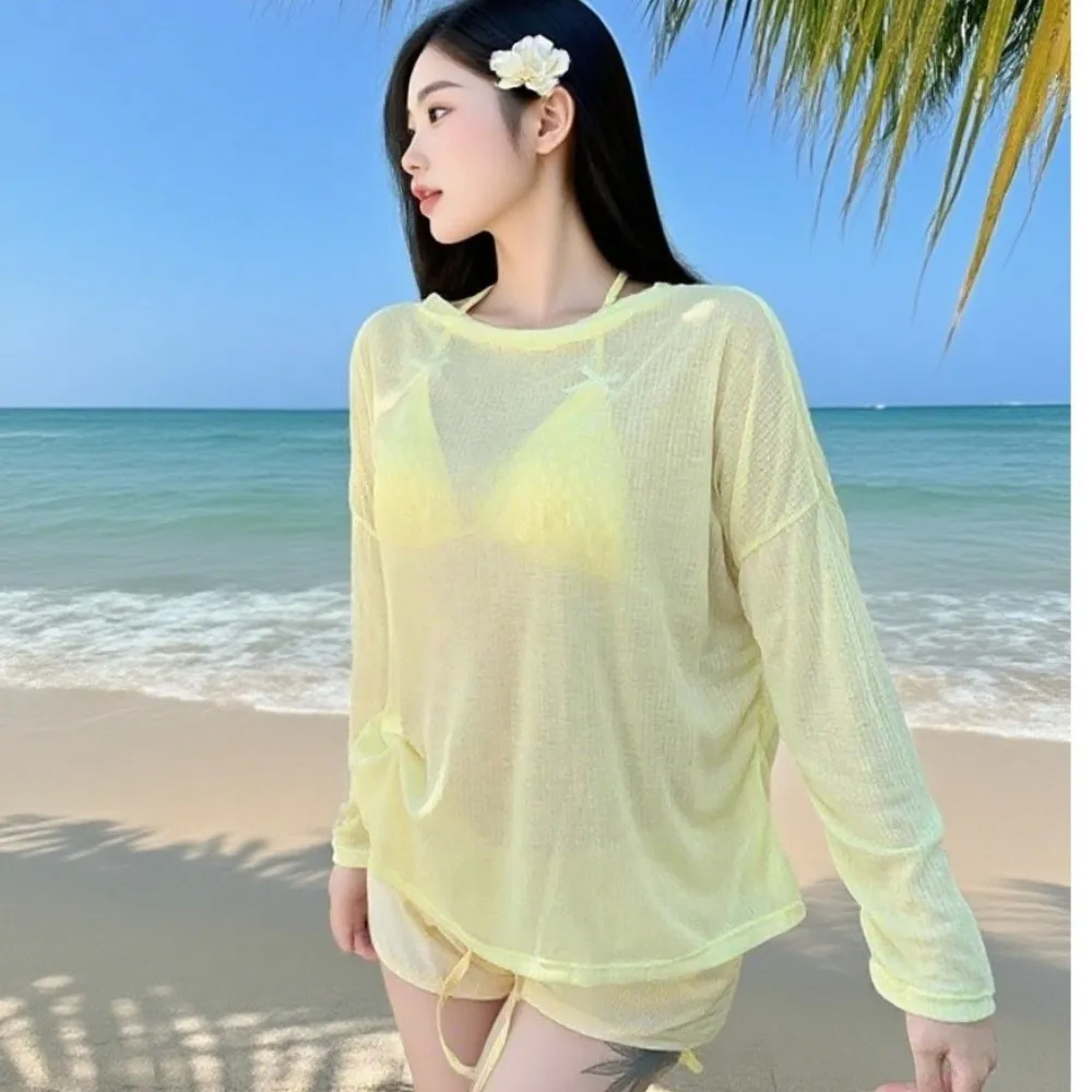 Lace-up Women's Swimwear Set Beachwear Sun Protection 4Pieces Bikini Swimsuit Mesh Transparent Loose Long Sleeve Swimsuit