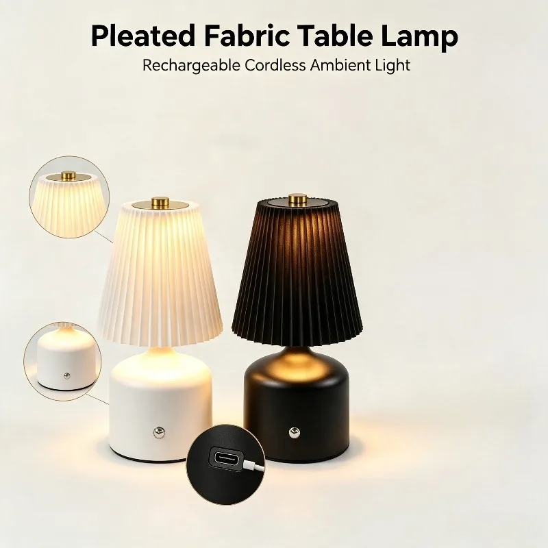 Rechargeable LED Table Lamp, Pleated Fabric Shade Cordless Bedside Light for Bedroom Living Room Home Decor