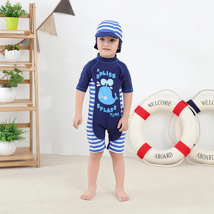 Cute Baby Boys Swimsuit with Cartoon Shark Penguin Print Toddler Bathing Suit Kids Swimwear One Piece Swimming Suit for Children