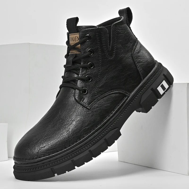 

High top boots for men, British style workwear motorcycle boots, summer black side zipper, mid rise soft leather boots for men