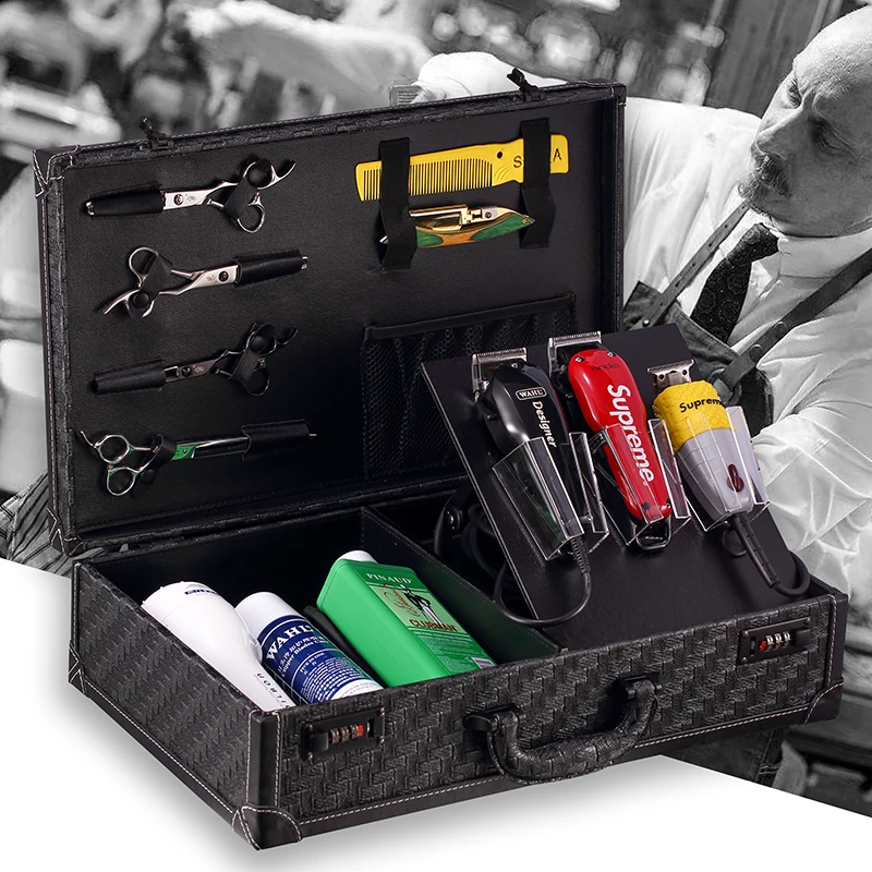 

Retro Oil Head Toolbox Leather Hairdressing Handheld Password Electric Push Scissors Storage Box