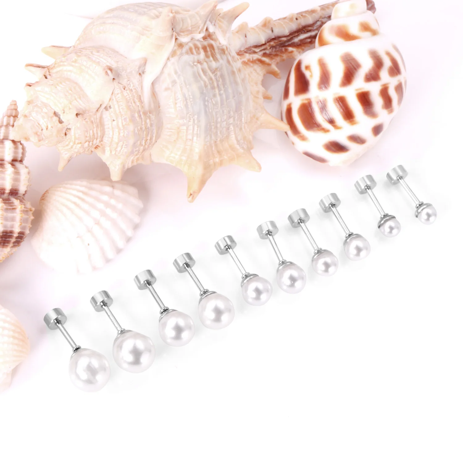 LUXUSTEEL 5Pairs/Lot Imitation Pearl Stud Earrings For Women Men Stainless Steel White Black Freshwater Pearls 4/5/6/7/8mm