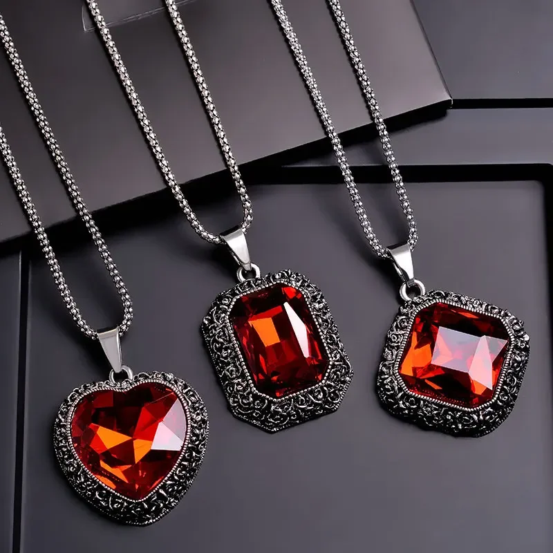 Fashion Women Lady Red Big Rhinestone Crystal Square Pendant Long Chain Tassel Sweater Necklace Party Drop Necklace Jewelry