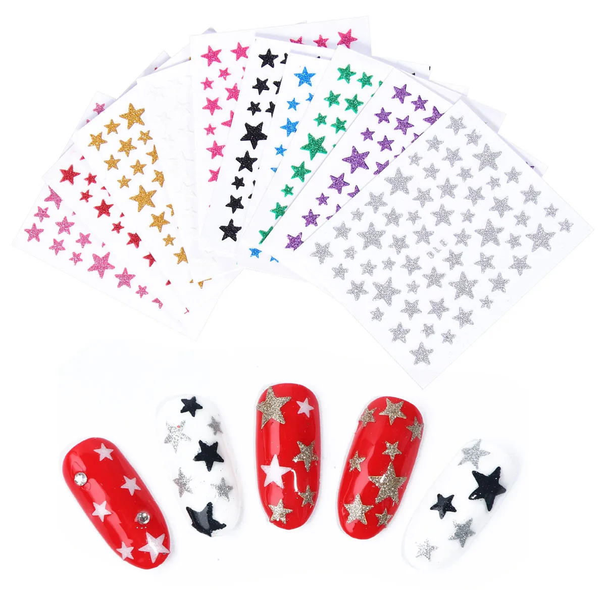 

10 Sheets 3D Nail Stickers Glitter Star Design Self-Adhesive Art Decor for Women Fashion Manicure Party Christmas Gift