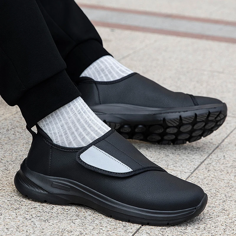 Men's Orthopedic Diabetic Leather Sneakers Adjustable Hook & Loop Wide Fit Open Shoes for Swollen Feet Comfortable Walking Shoes