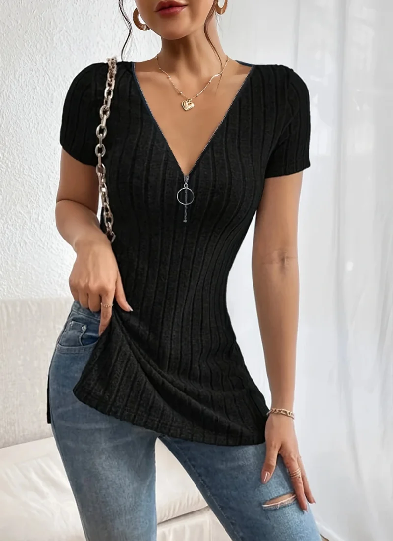 Versatile & Chic V-Neck Women\'s Top- Stretchy,Easy-Care Casual Wear