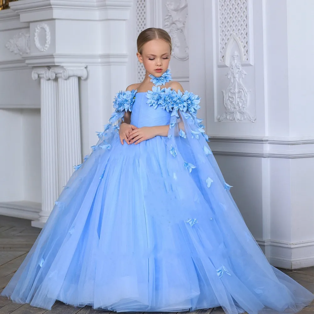 Blau-rosa Blumenmädchenkleider für die Hochzeit mit floralem Tüll, schulterfrei, für Kindergeburtstag, Erstkommunion, Weihnachtsballkleid