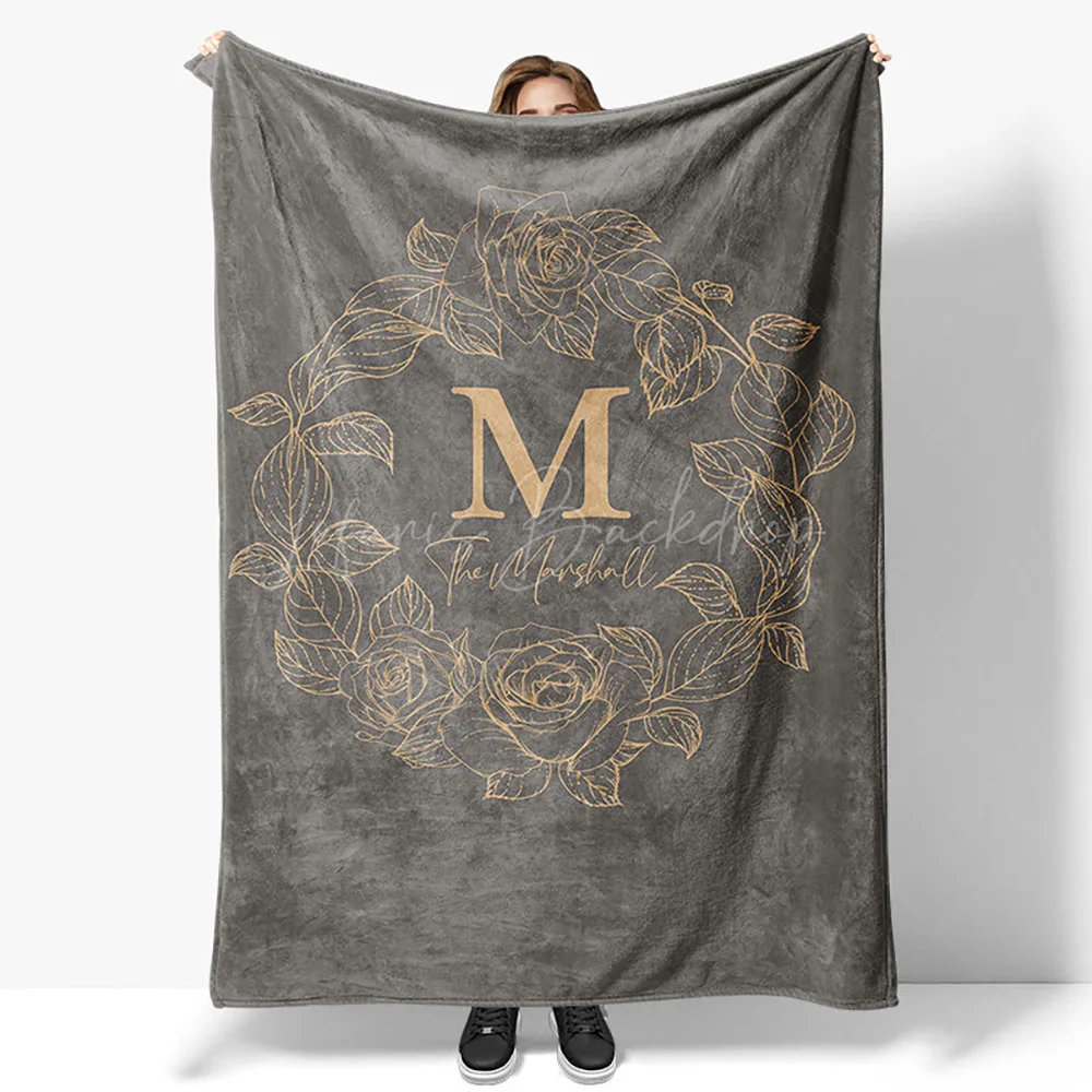 Grey Gold Line Wreath Custom Initials Name 50x60in Blanket, Personalized Throw for Home Decor Gift