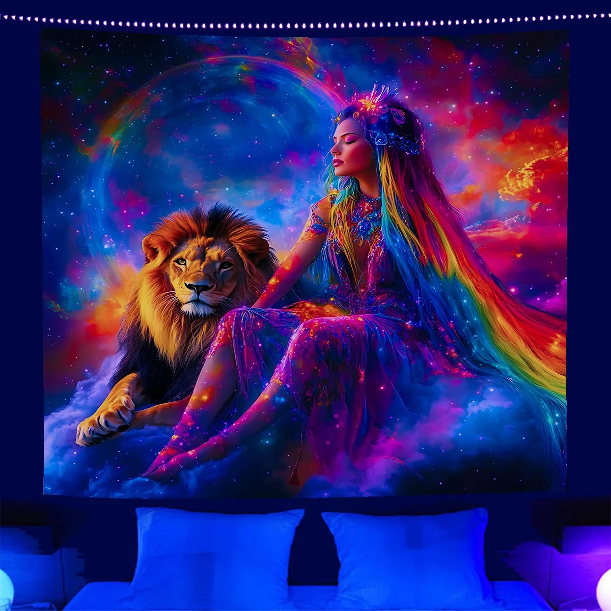 

UV Reactive Blacklight Tapestry Psychedelic Galaxy Space 2D Flat Printed Peach Skin Wall Hanging Bedroom Living Room Decor