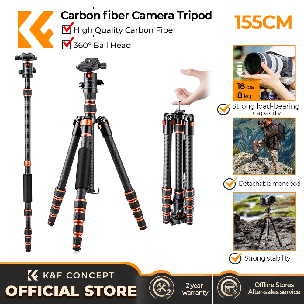 K&F Concept BA225 60 inch Carbon Fiber Tripod Lightweight Aluminum Alloy Triangle Seat Detachable Monopod Reflexive Ball Head