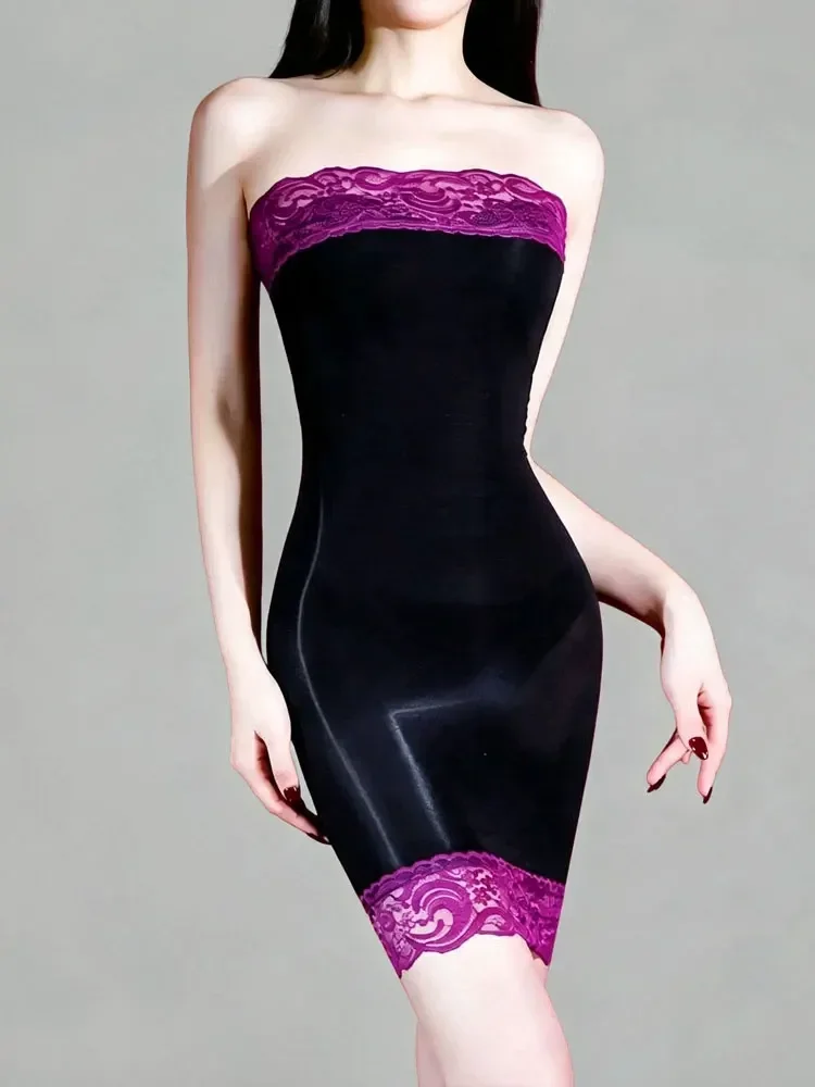 Women Sexy Pencil See Through Dress 5D Oil Glossy Shiny Tights Mini Skirts Lace Patchwork Wrap Hip Shaping Tube Party Club Wear
