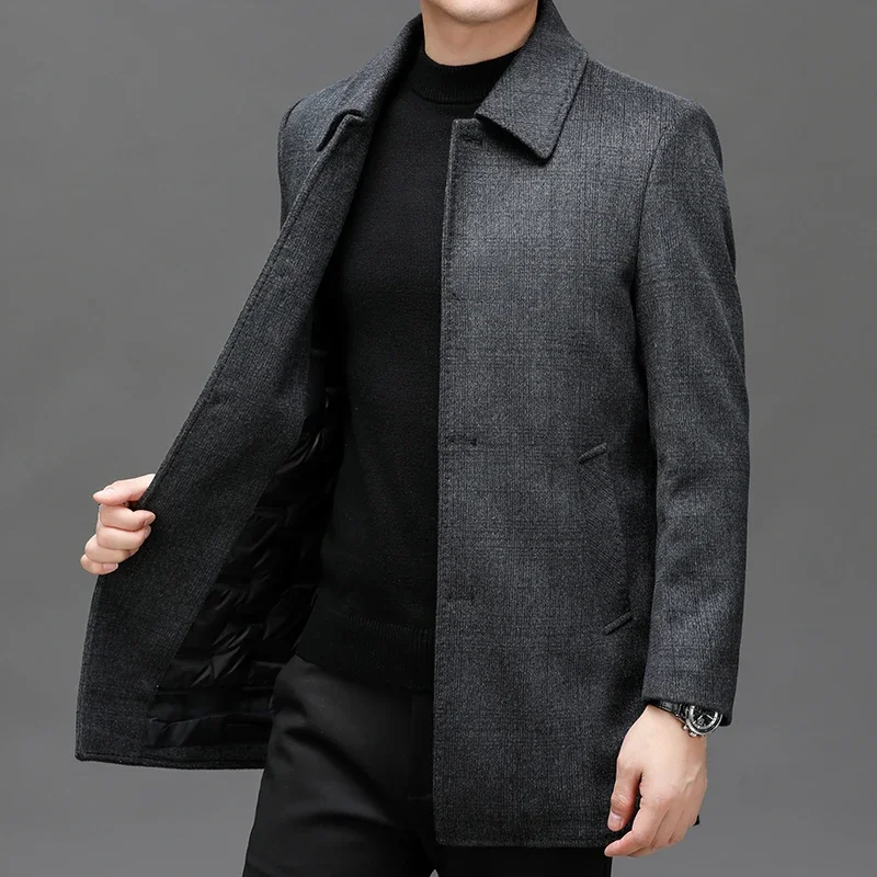 

2023 Winter Men Thicken Quilted Wool Blend Overcoat With Detachable Puff Lining Design Warm Basic Coat Classical Plaid Outfit